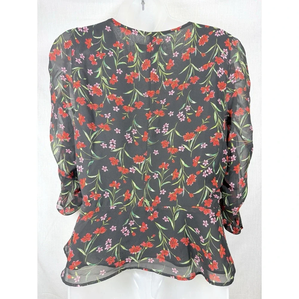 Banana Republic Floral Twist Front Blouse M Ruched Puff Sleeve Sheer Romantic‎